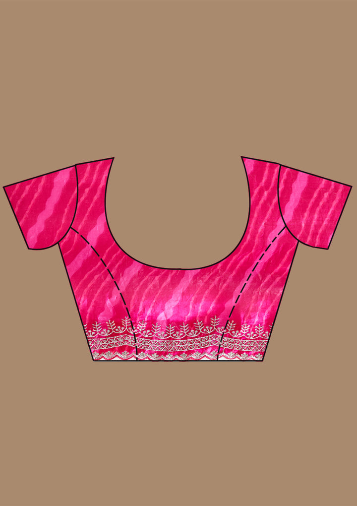 Rani Pink Organza Leheria Silver Zariwork Saree With Matching Blouse Piece