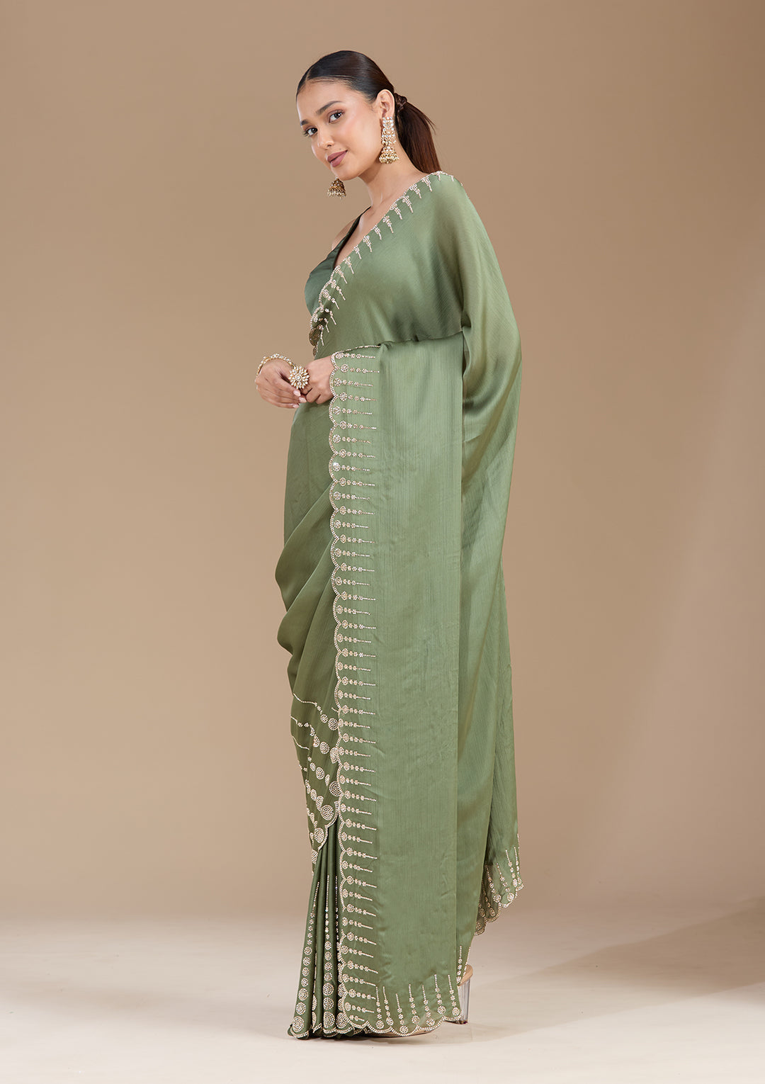 Mehendi Stonework (Gold) Chiffon Saree