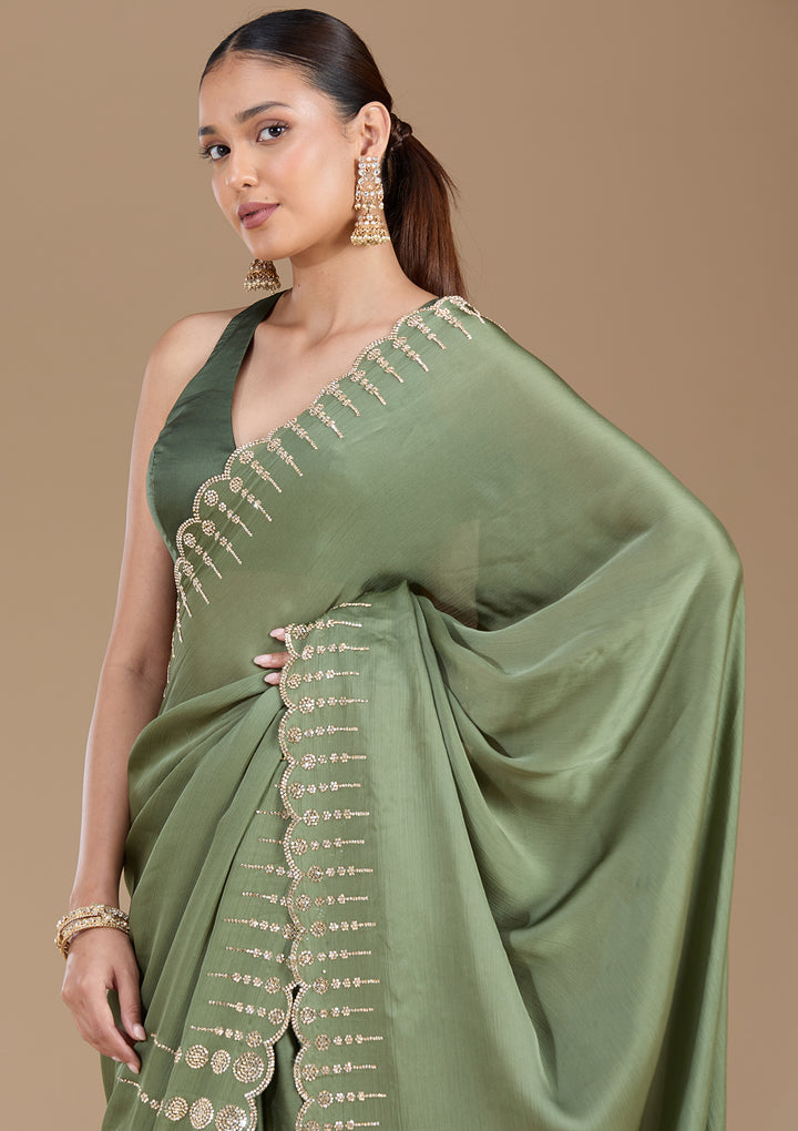 Mehendi Stonework (Gold) Chiffon Saree