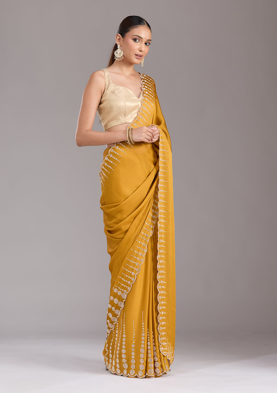 Mustard Stonework (Gold) Chiffon Saree