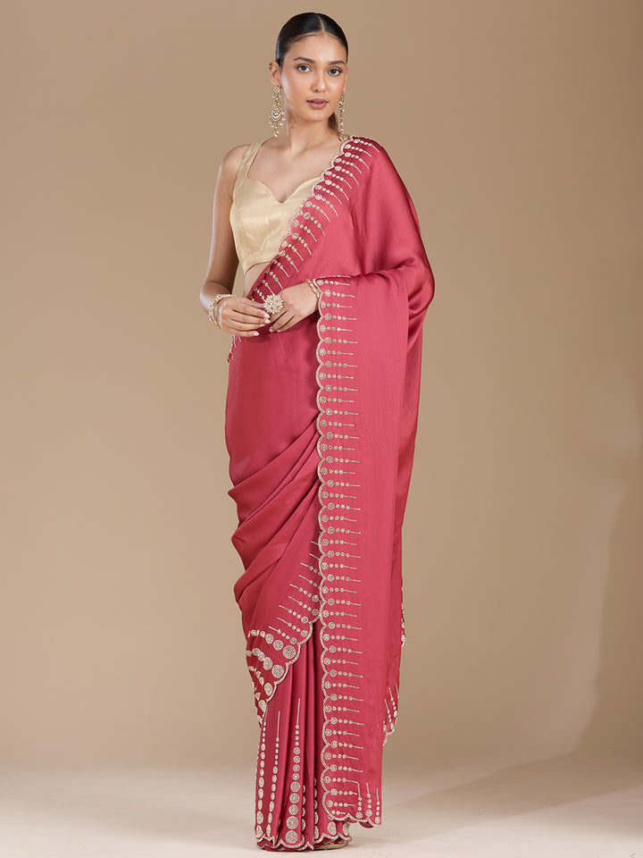 Onion Pink Chiffon Gold Stonework Saree With Matching Blouse Piece