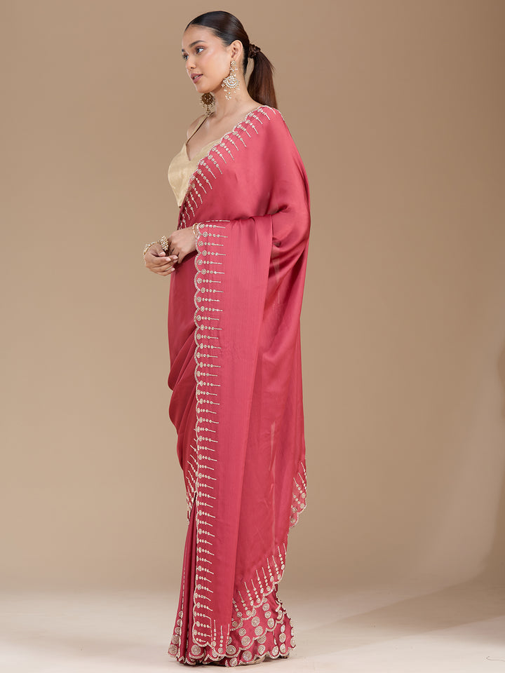 Onion Pink Chiffon Gold Stonework Saree With Matching Blouse Piece
