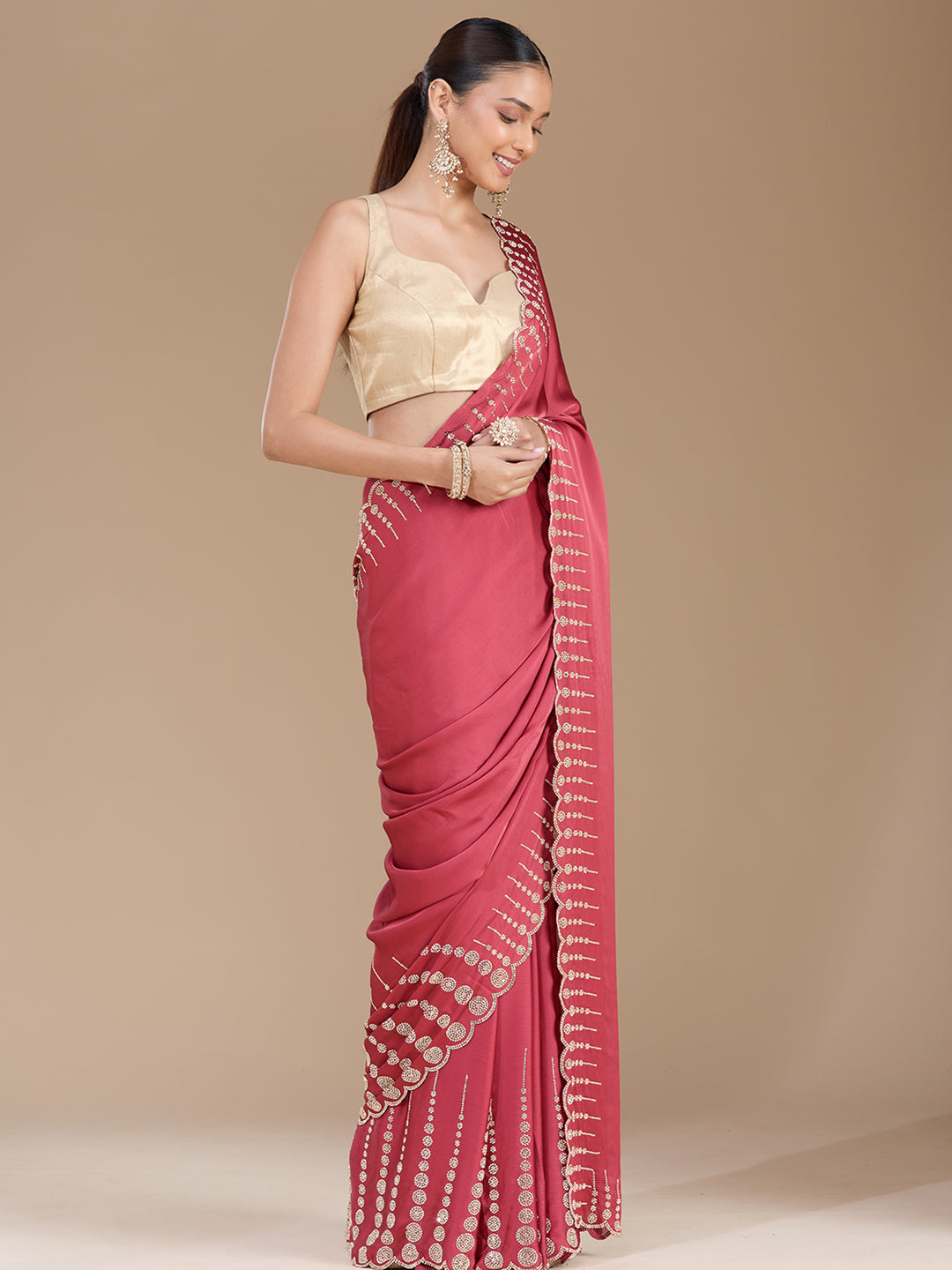 Onion Pink Chiffon Gold Stonework Saree With Matching Blouse Piece