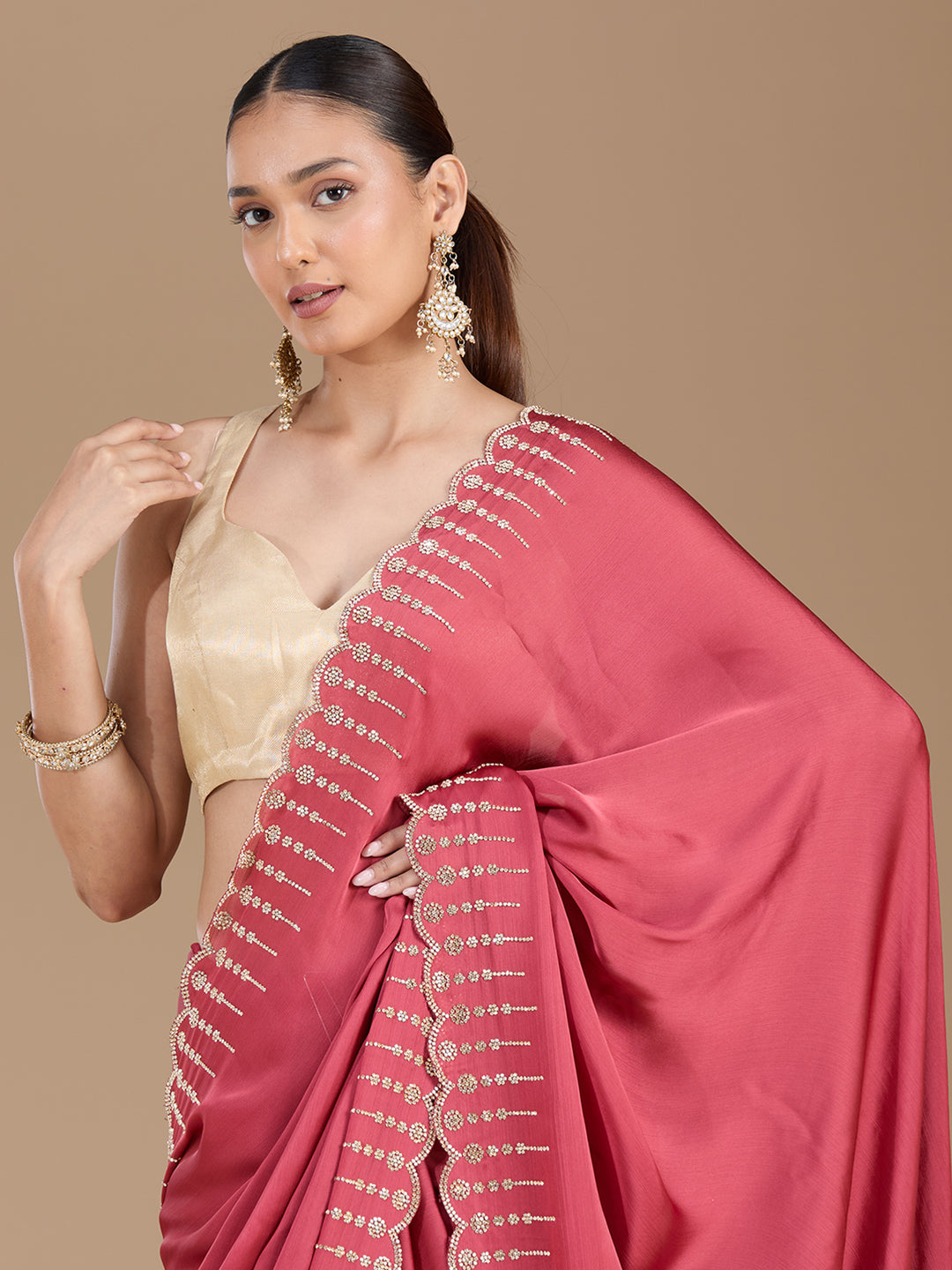 Onion Pink Chiffon Gold Stonework Saree With Matching Blouse Piece