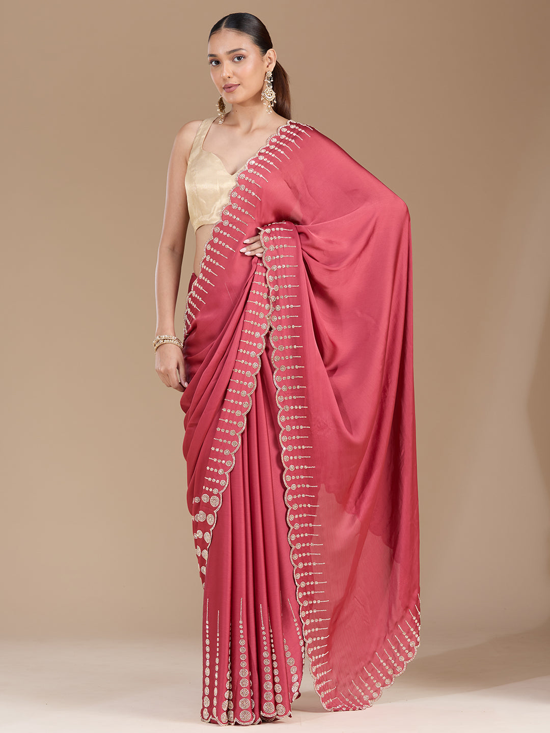 Onion Pink Chiffon Gold Stonework Saree With Matching Blouse Piece