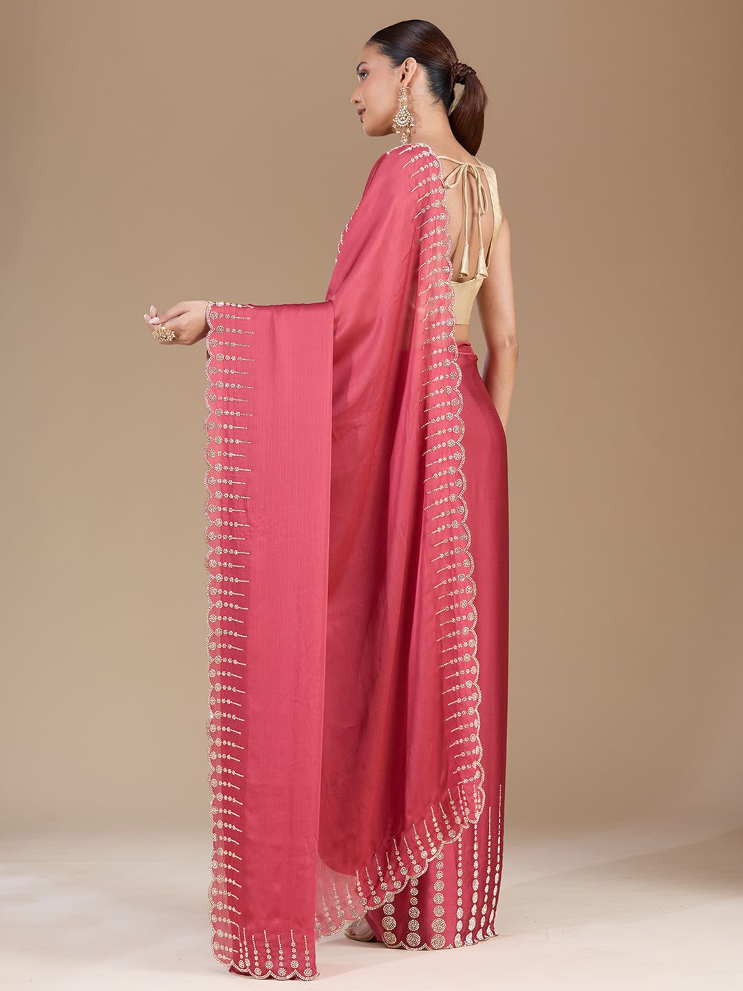 Onion Pink Chiffon Gold Stonework Saree With Matching Blouse Piece