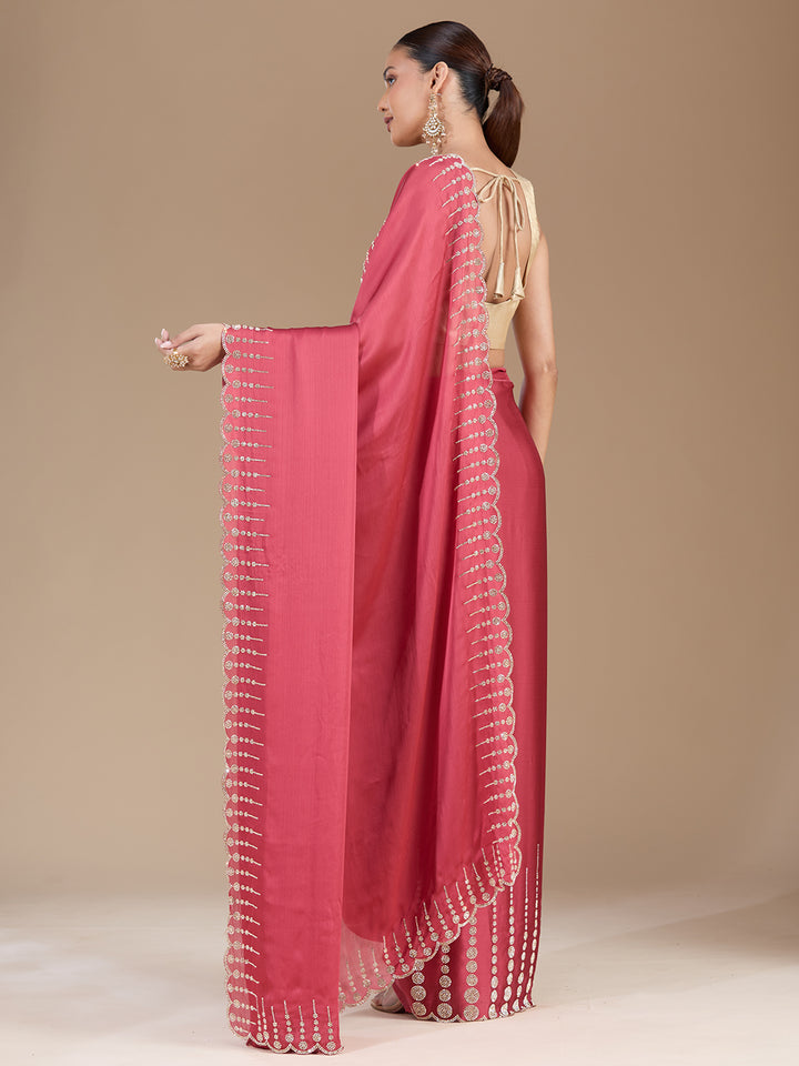 Onion Pink Chiffon Gold Stonework Saree With Matching Blouse Piece
