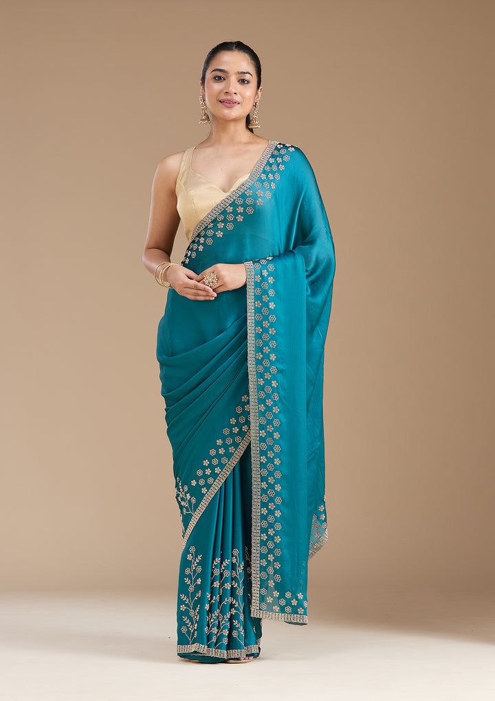Blue Chiffon Gold Stonework Saree With Matching Blouse Piece