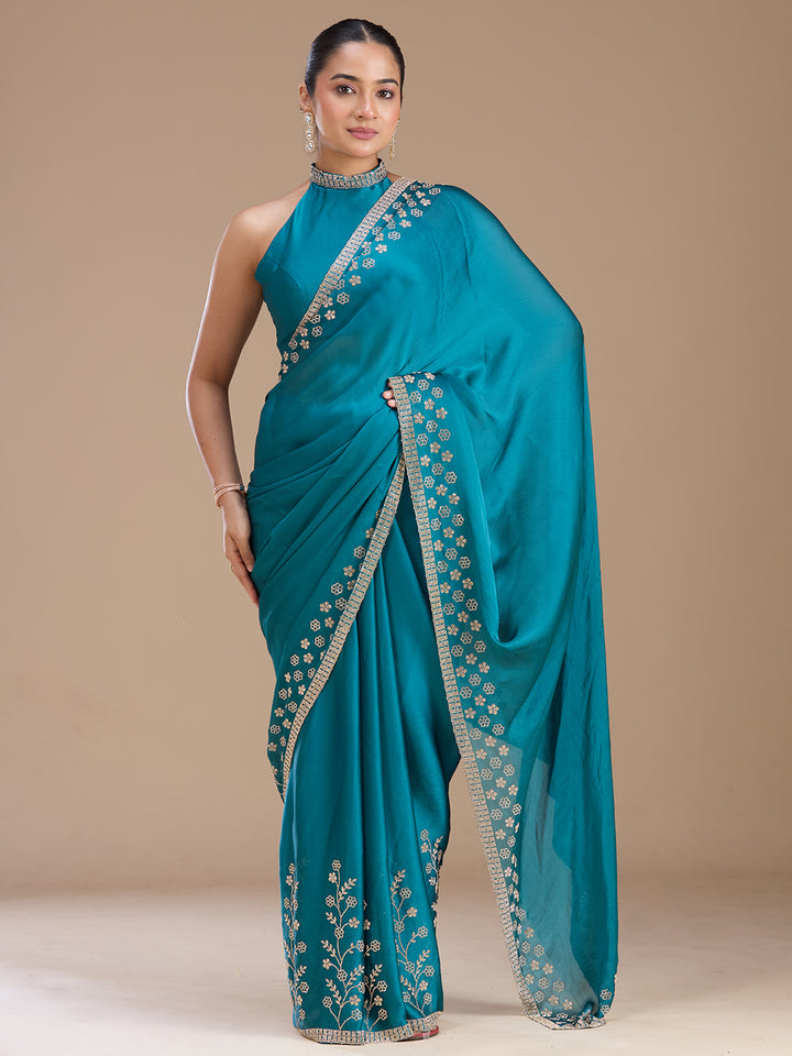Blue Chiffon Gold Stonework Saree With Matching Blouse Piece