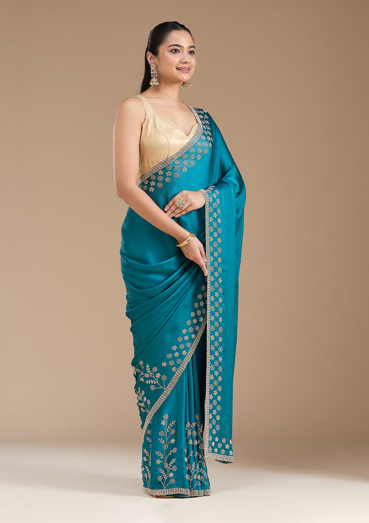 Blue Chiffon Gold Stonework Saree With Matching Blouse Piece