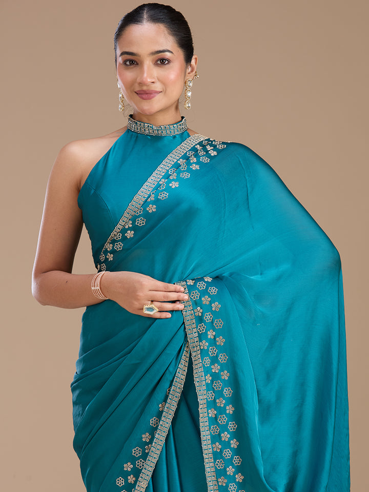 Blue Chiffon Gold Stonework Saree With Matching Blouse Piece