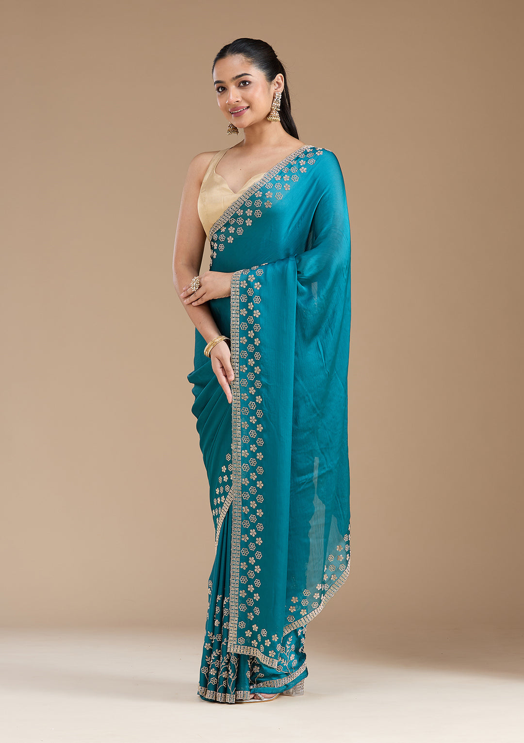 Blue Chiffon Gold Stonework Saree With Matching Blouse Piece