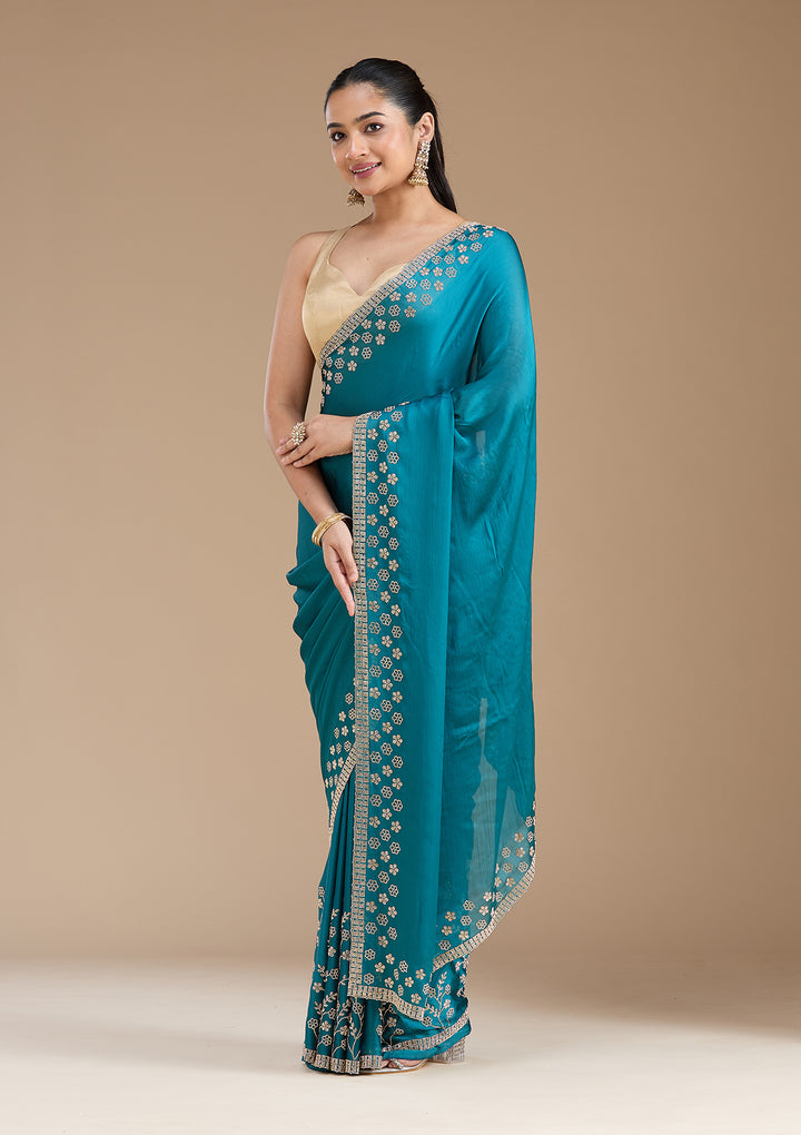 Blue Chiffon Gold Stonework Saree With Matching Blouse Piece