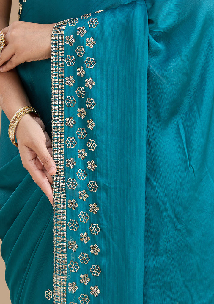 Blue Chiffon Gold Stonework Saree With Matching Blouse Piece