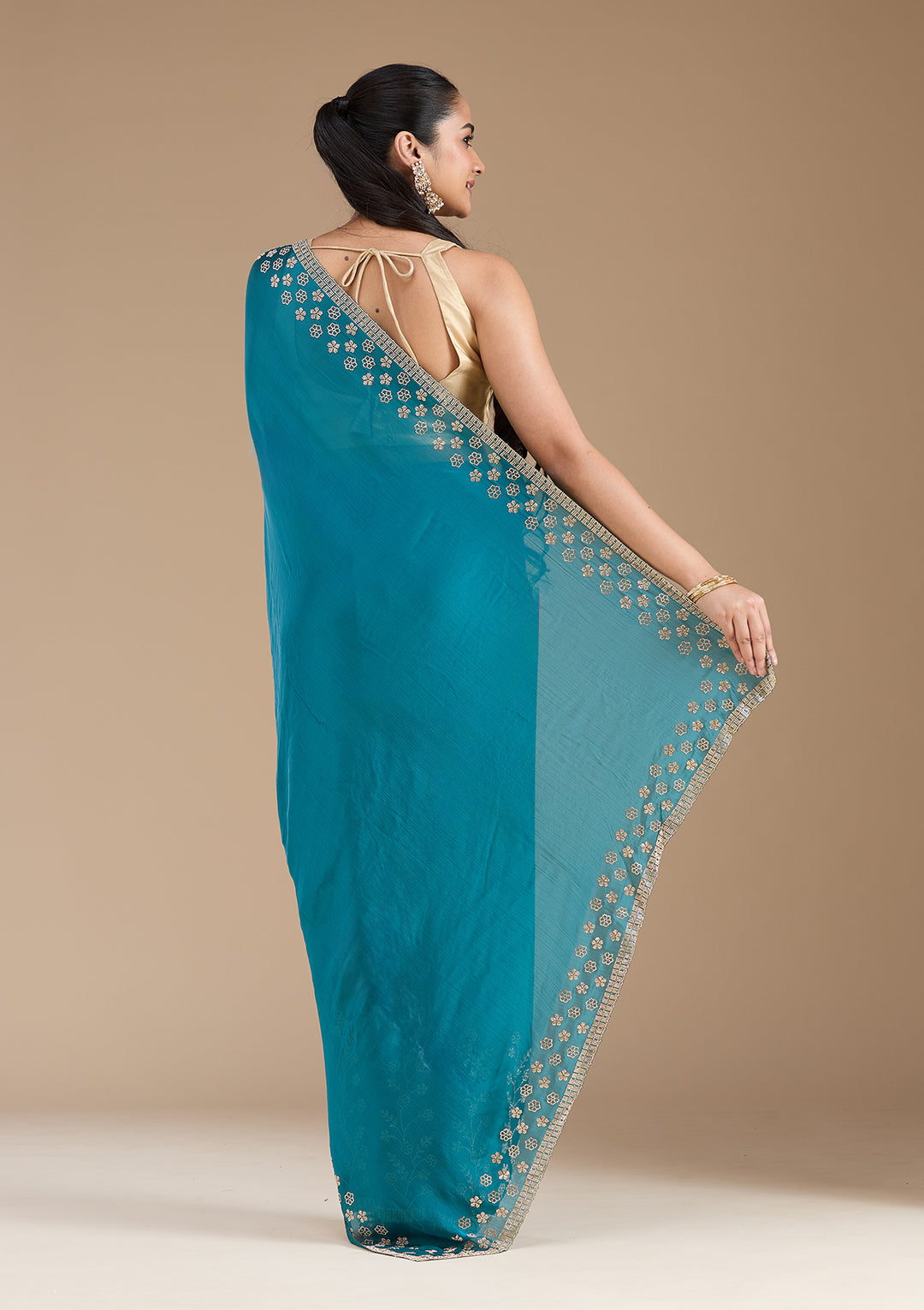 Blue Chiffon Gold Stonework Saree With Matching Blouse Piece