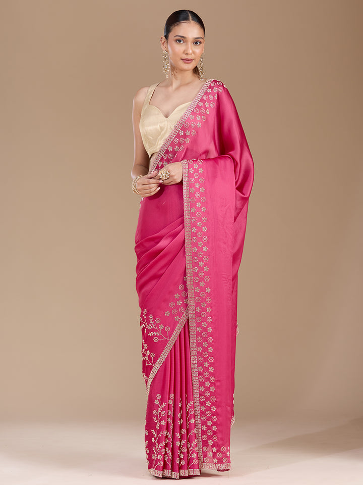 Pink Chiffon Gold Stonework Saree With Matching Blouse Piece