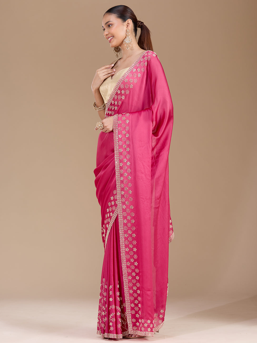 Pink Chiffon Gold Stonework Saree With Matching Blouse Piece