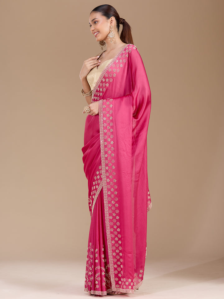 Pink Chiffon Gold Stonework Saree With Matching Blouse Piece