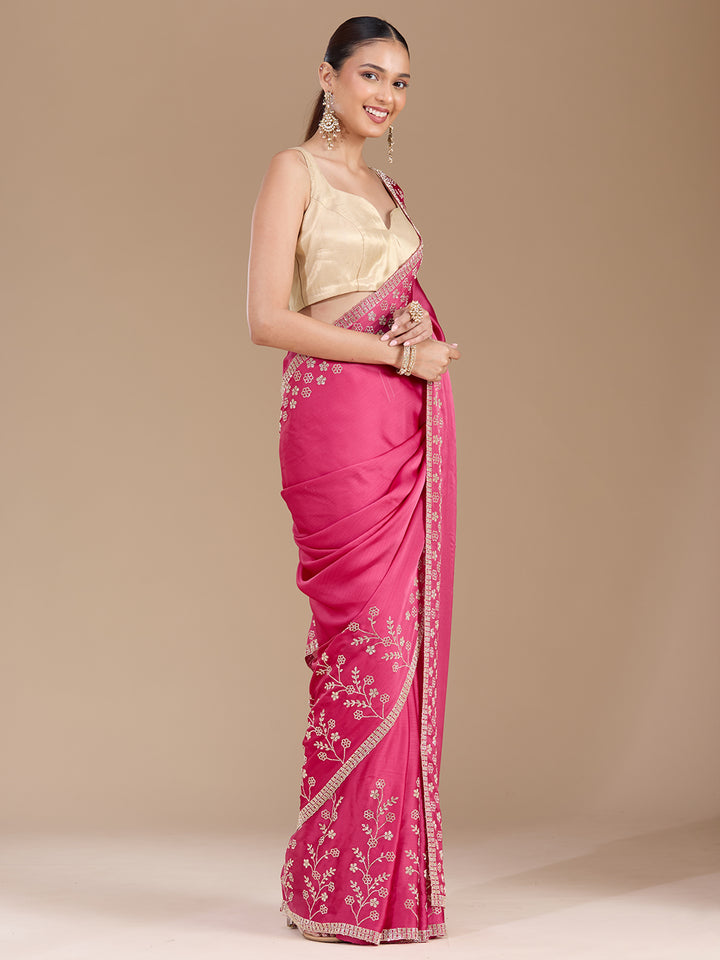 Pink Chiffon Gold Stonework Saree With Matching Blouse Piece