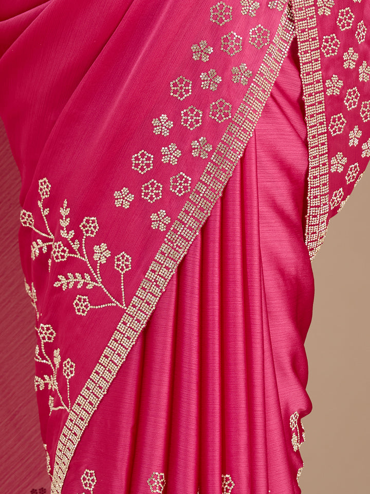 Pink Chiffon Gold Stonework Saree With Matching Blouse Piece