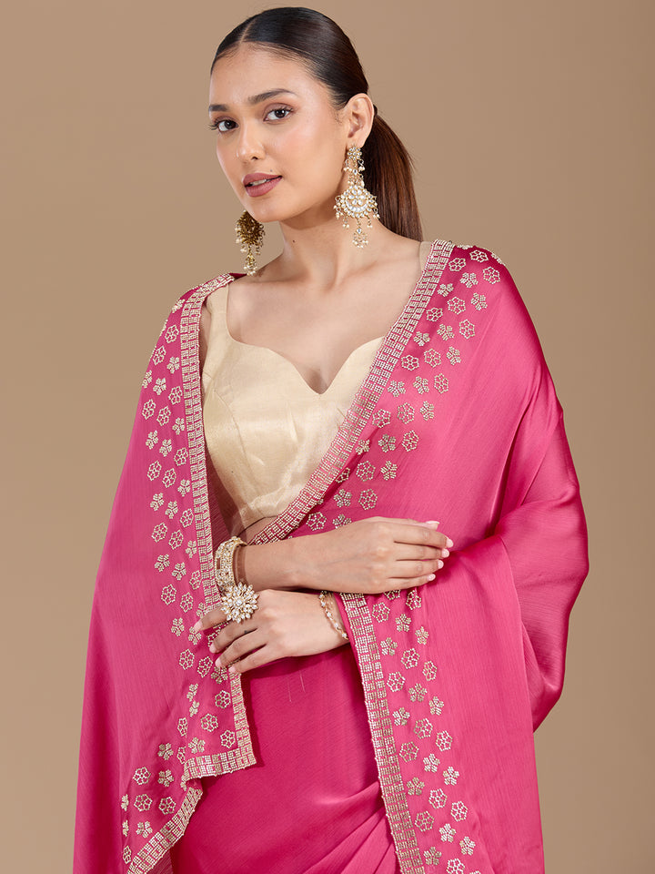 Pink Chiffon Gold Stonework Saree With Matching Blouse Piece