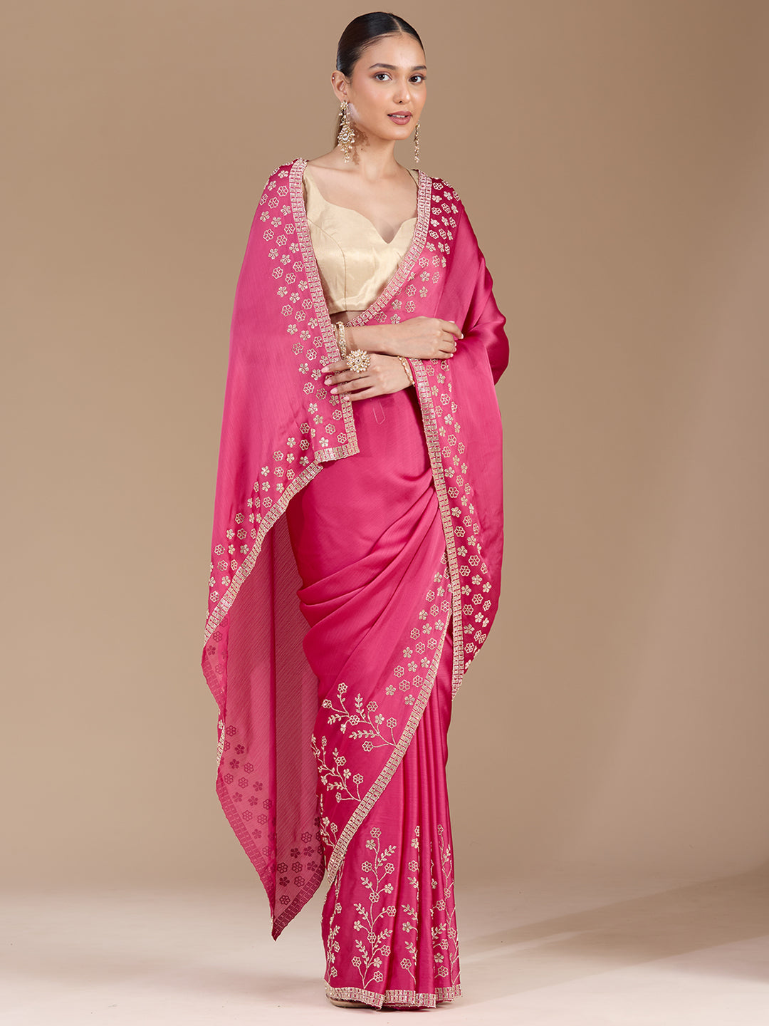 Pink Chiffon Gold Stonework Saree With Matching Blouse Piece
