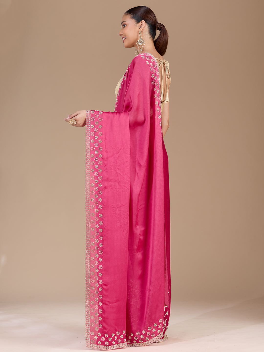 Pink Chiffon Gold Stonework Saree With Matching Blouse Piece