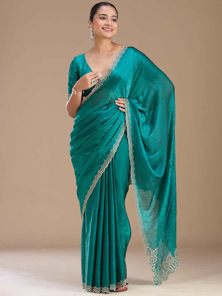 Rama Green Chiffon Gold Stonework Saree With Matching Blouse Piece
