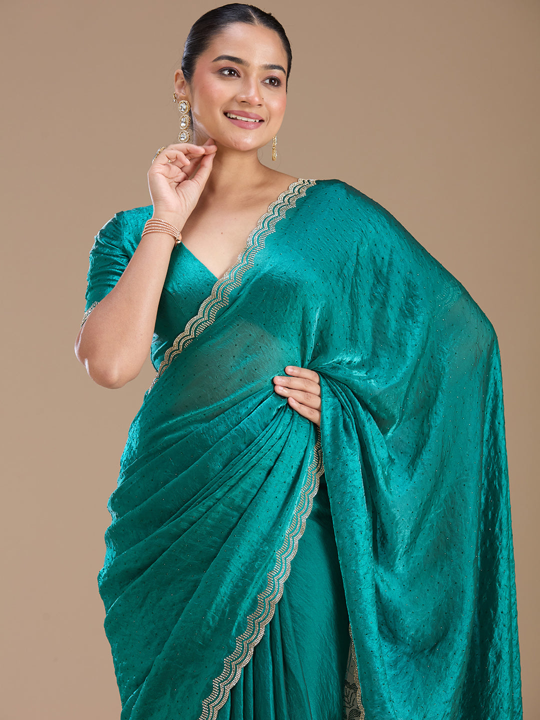 Rama Green Chiffon Gold Stonework Saree With Matching Blouse Piece