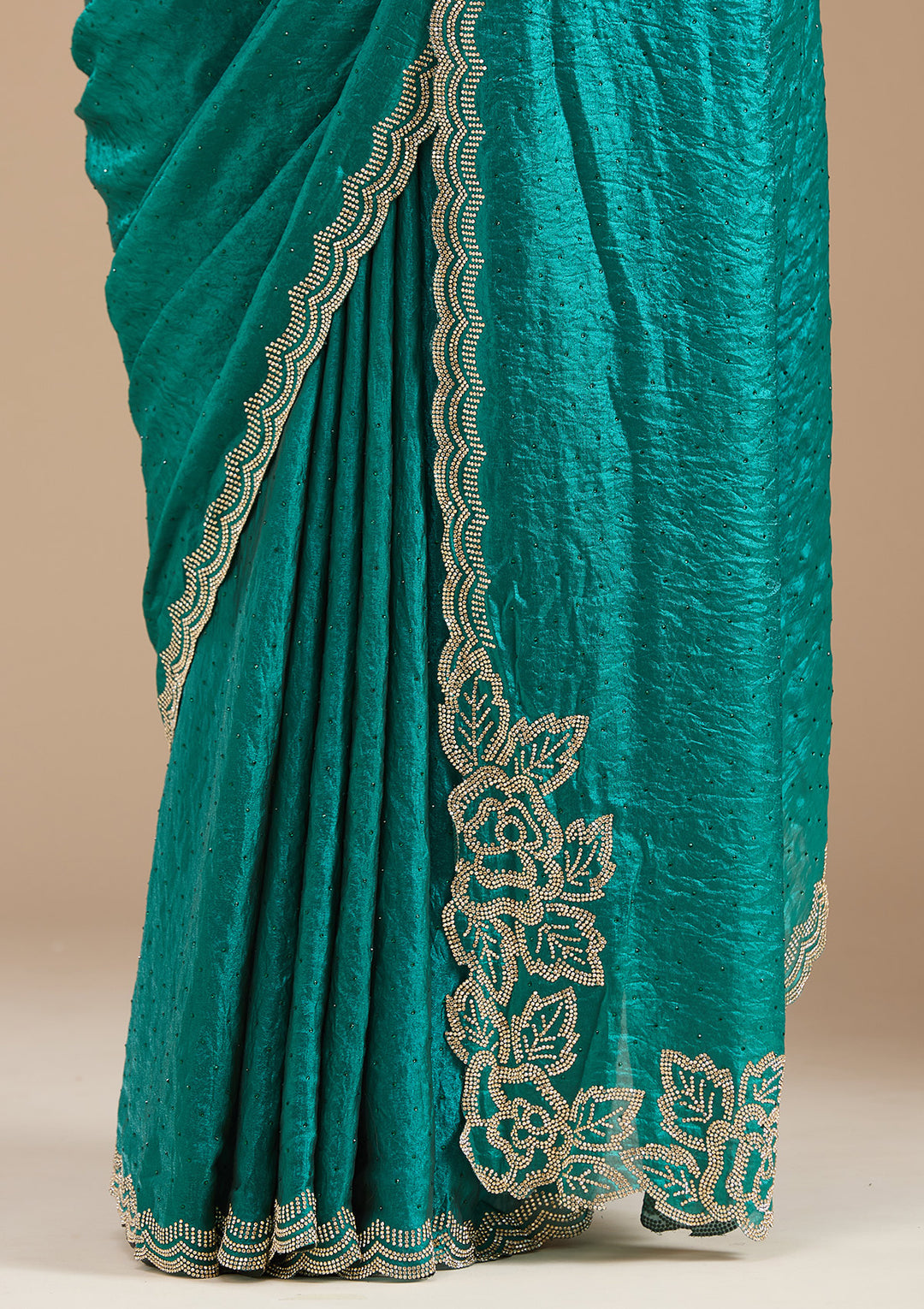 Rama Green Chiffon Gold Stonework Saree With Matching Blouse Piece