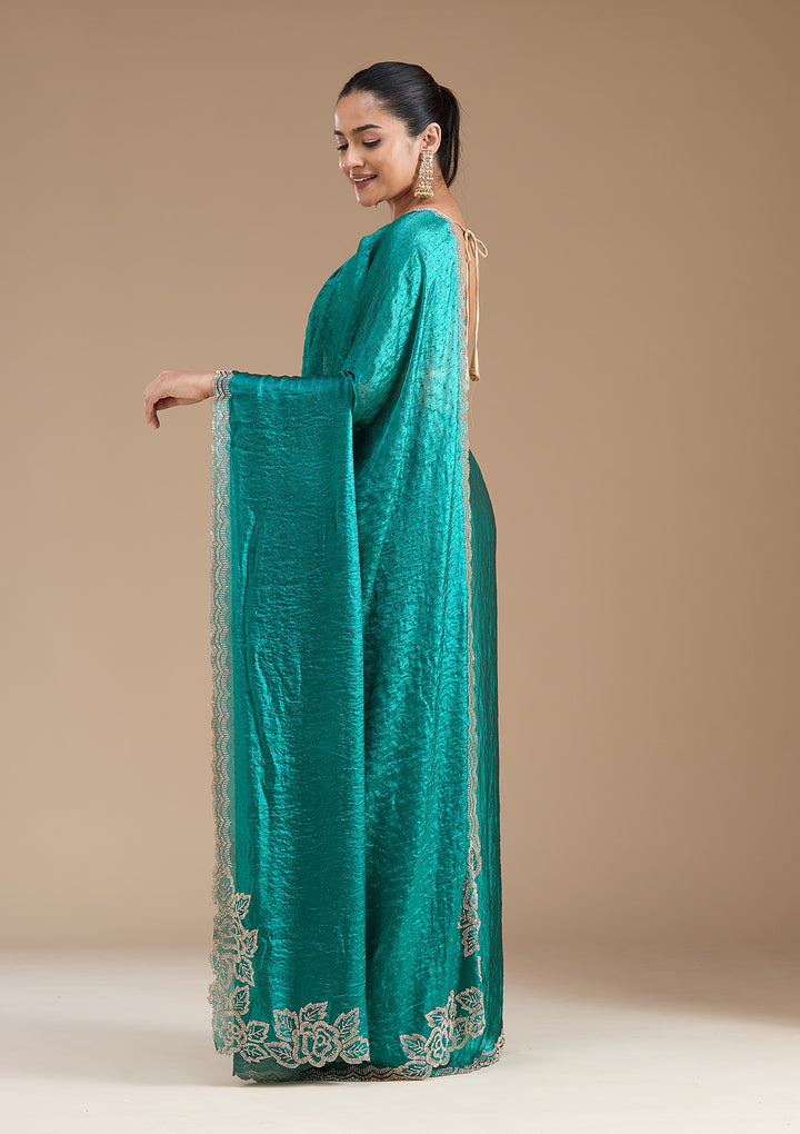 Rama Green Chiffon Gold Stonework Saree With Matching Blouse Piece