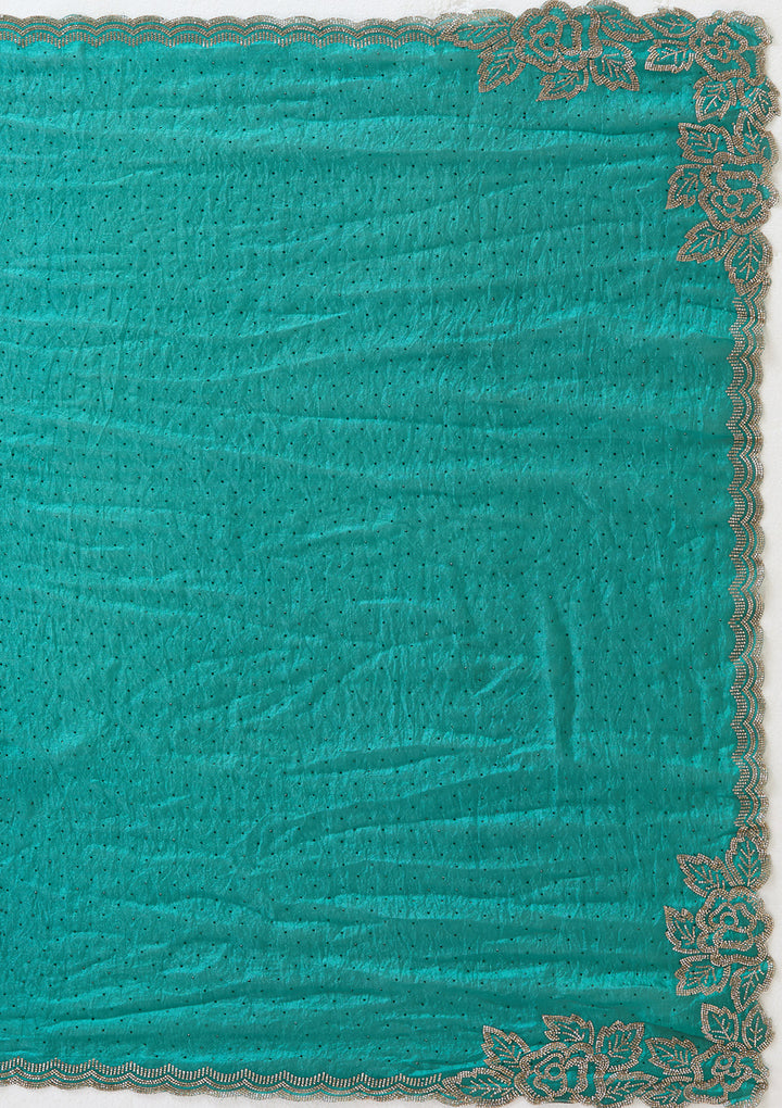 Rama Green Chiffon Gold Stonework Saree With Matching Blouse Piece