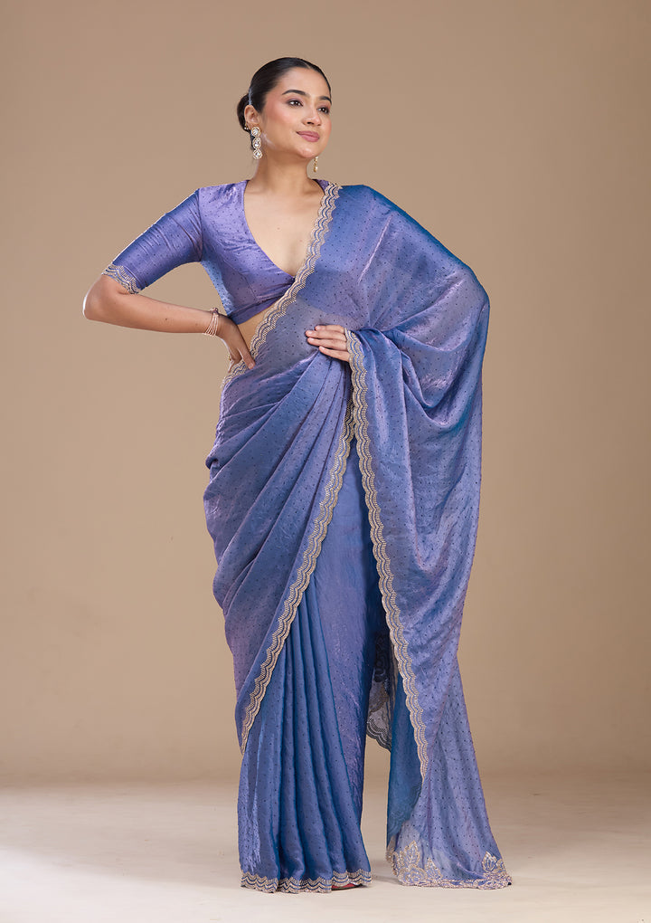 Violet Chiffon Gold Stonework Saree With Matching Blouse Piece