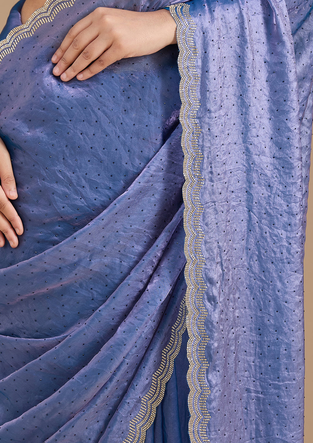 Violet Chiffon Gold Stonework Saree With Matching Blouse Piece