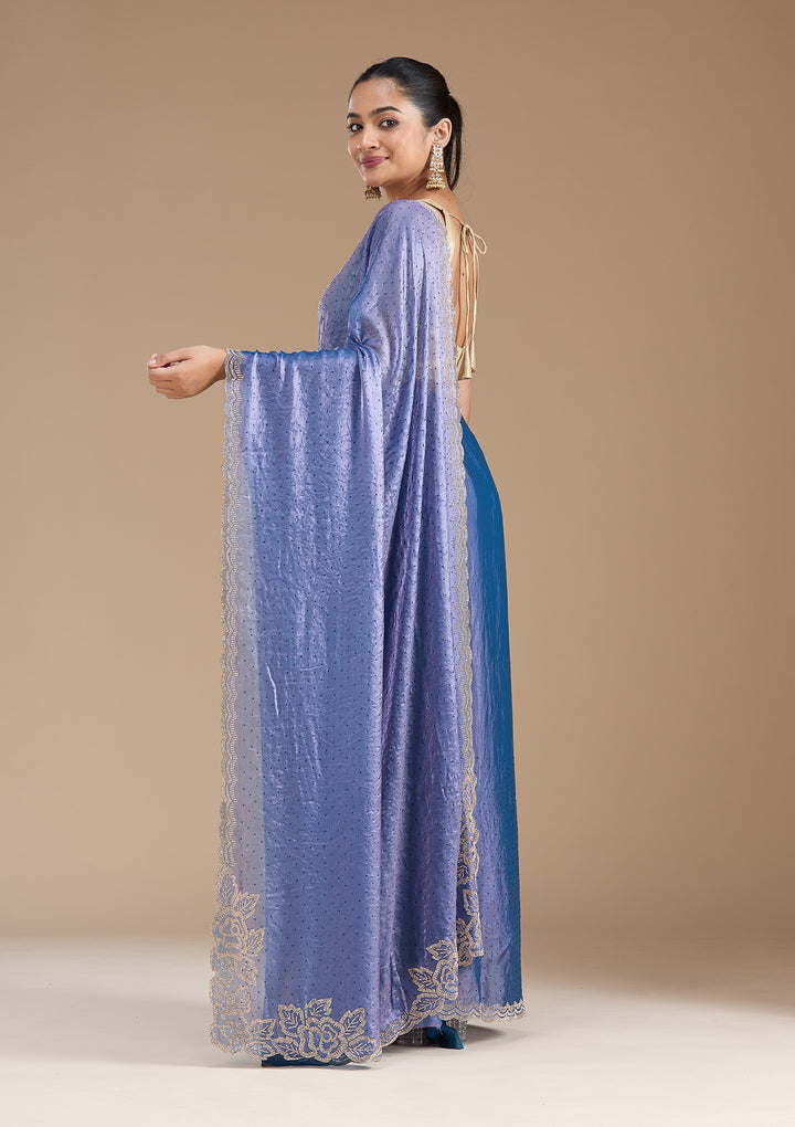Violet Chiffon Gold Stonework Saree With Matching Blouse Piece