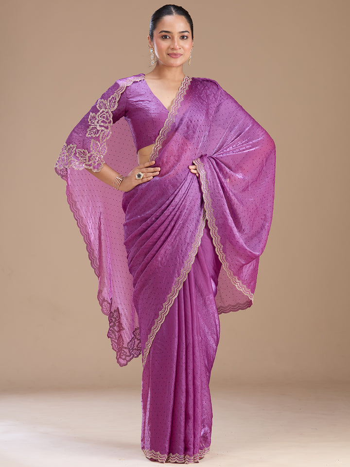 Wine Chiffon Gold Stonework Saree With Matching Blouse Piece