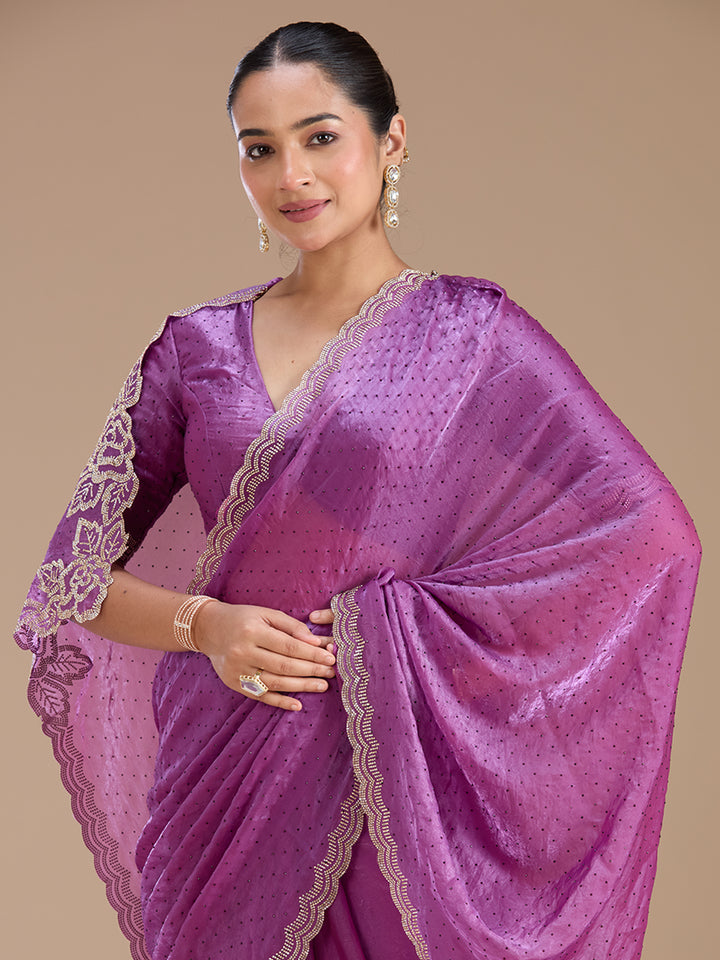 Wine Chiffon Gold Stonework Saree With Matching Blouse Piece