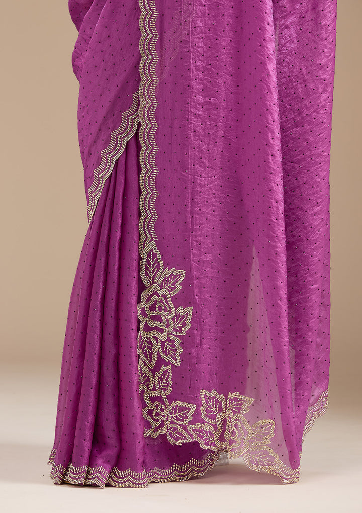Wine Chiffon Gold Stonework Saree With Matching Blouse Piece