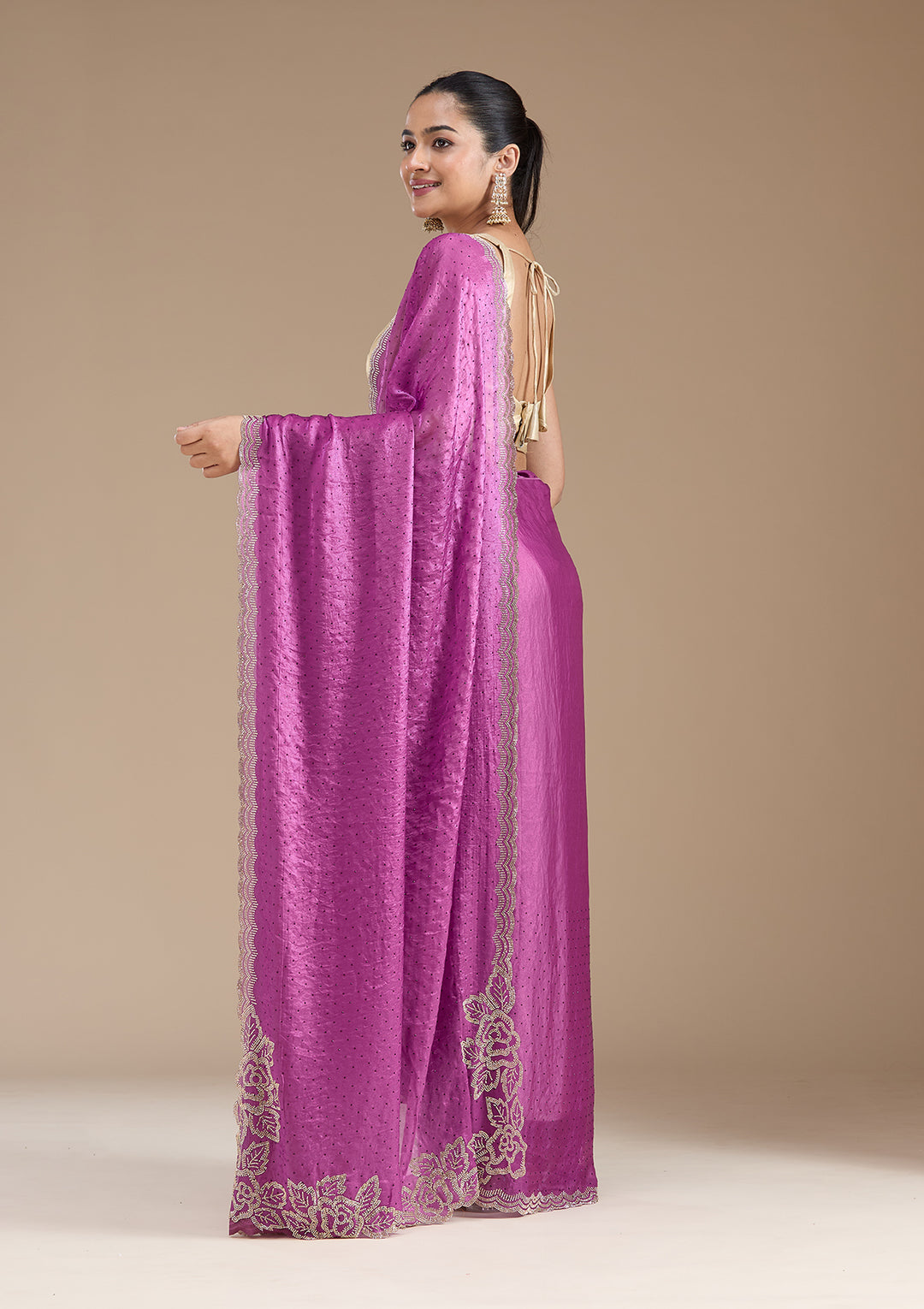 Wine Chiffon Gold Stonework Saree With Matching Blouse Piece