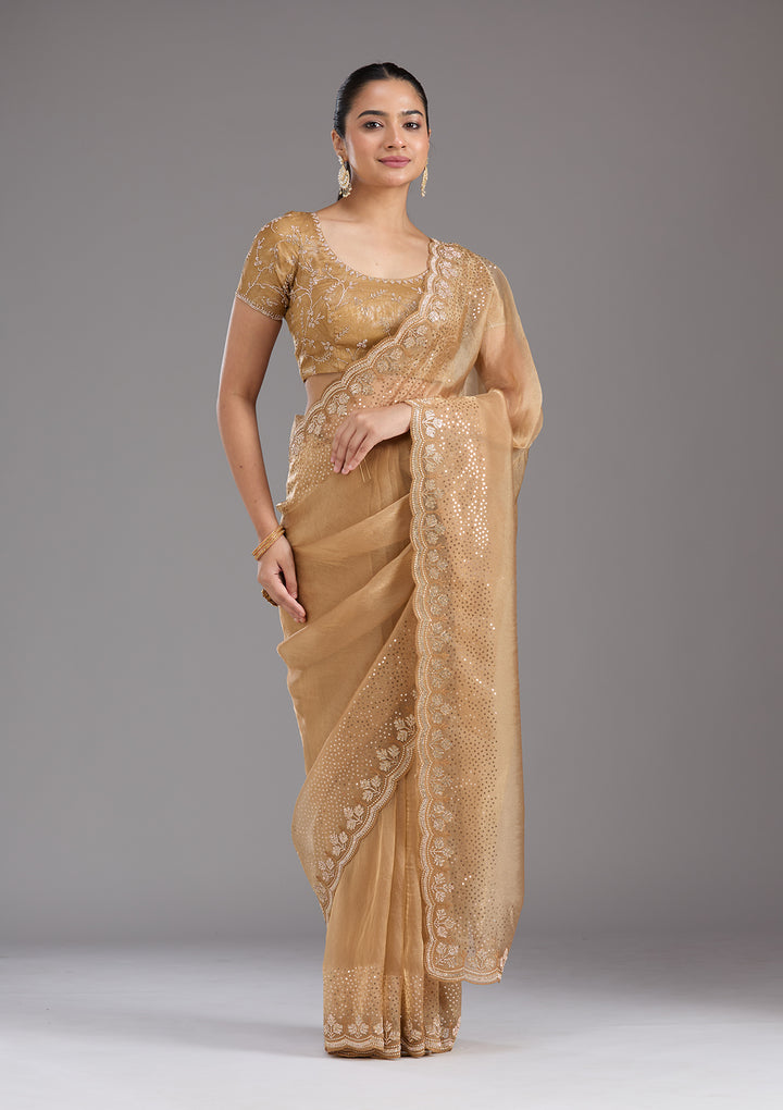 Gold Tissue Gold Stonework Saree With Matching Blouse Piece