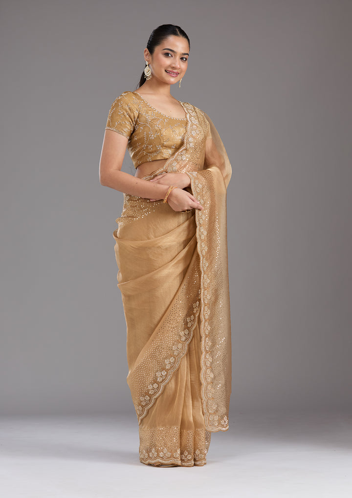 Gold Tissue Gold Stonework Saree With Matching Blouse Piece