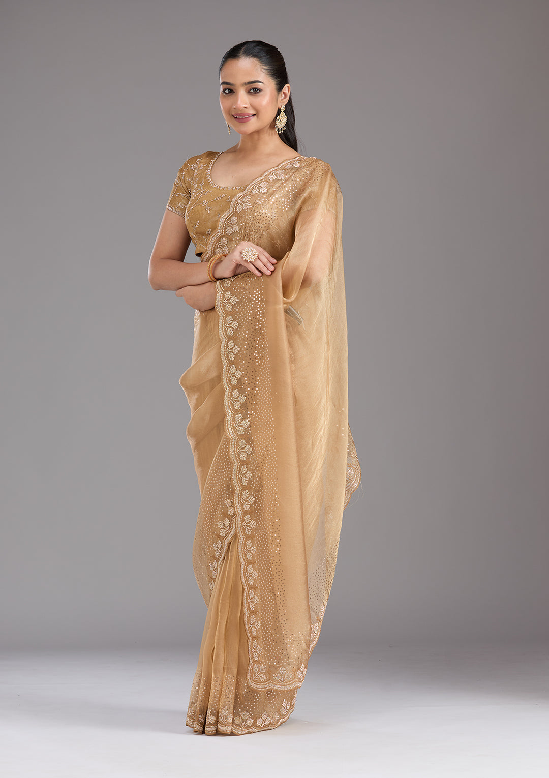 Gold Tissue Gold Stonework Saree With Matching Blouse Piece