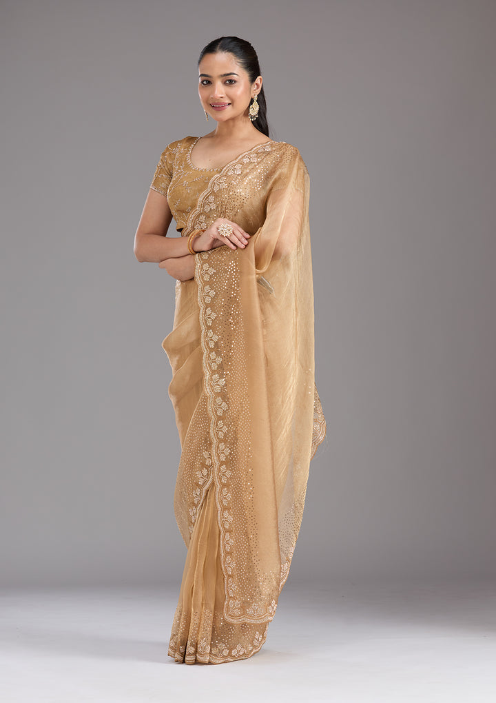 Gold Tissue Gold Stonework Saree With Matching Blouse Piece