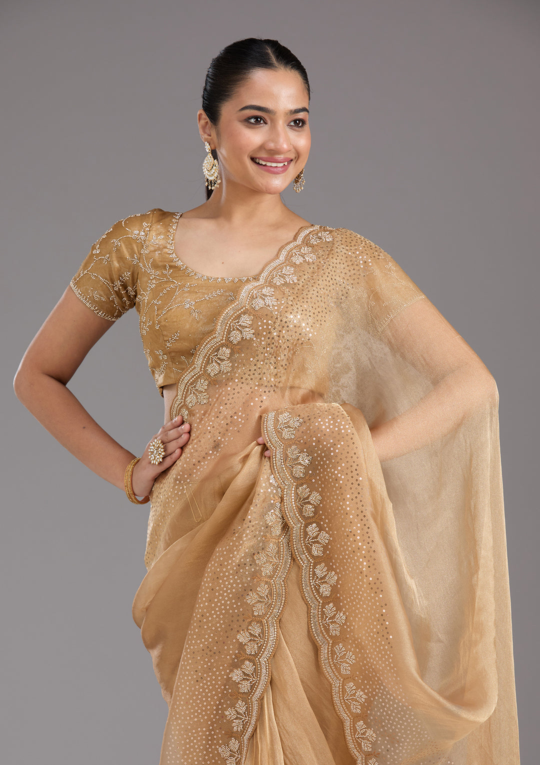 Gold Tissue Gold Stonework Saree With Matching Blouse Piece