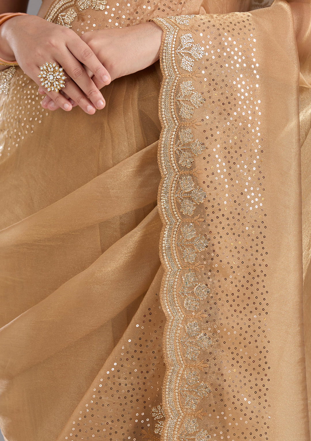 Gold Tissue Gold Stonework Saree With Matching Blouse Piece
