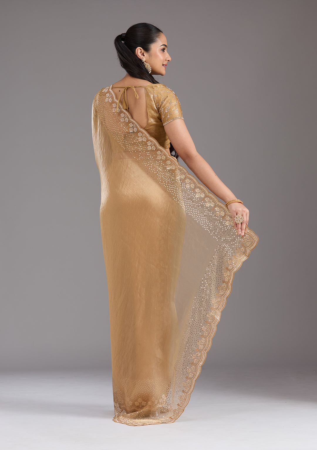 Gold Tissue Gold Stonework Saree With Matching Blouse Piece