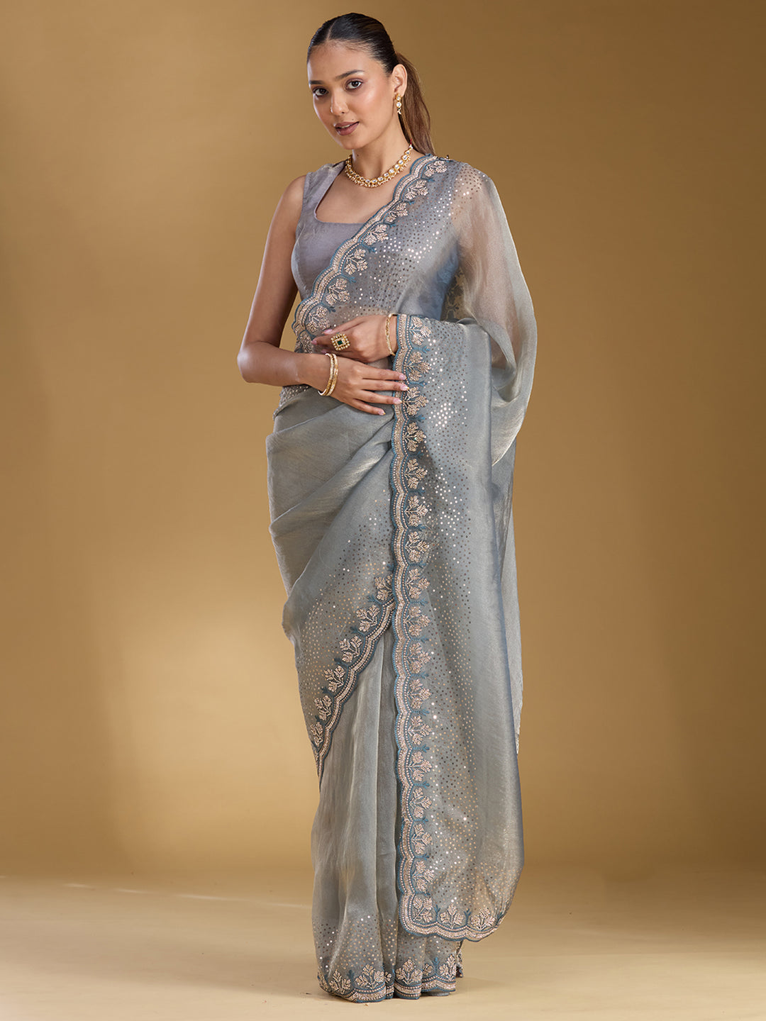 Grey Stonework (Gold) Tissue Saree