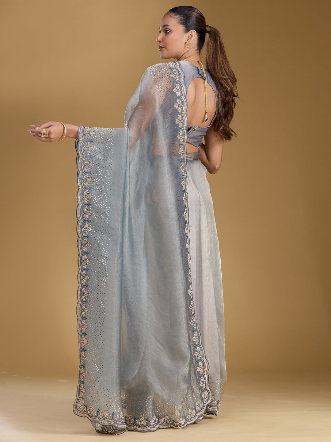 Grey Stonework (Gold) Tissue Saree