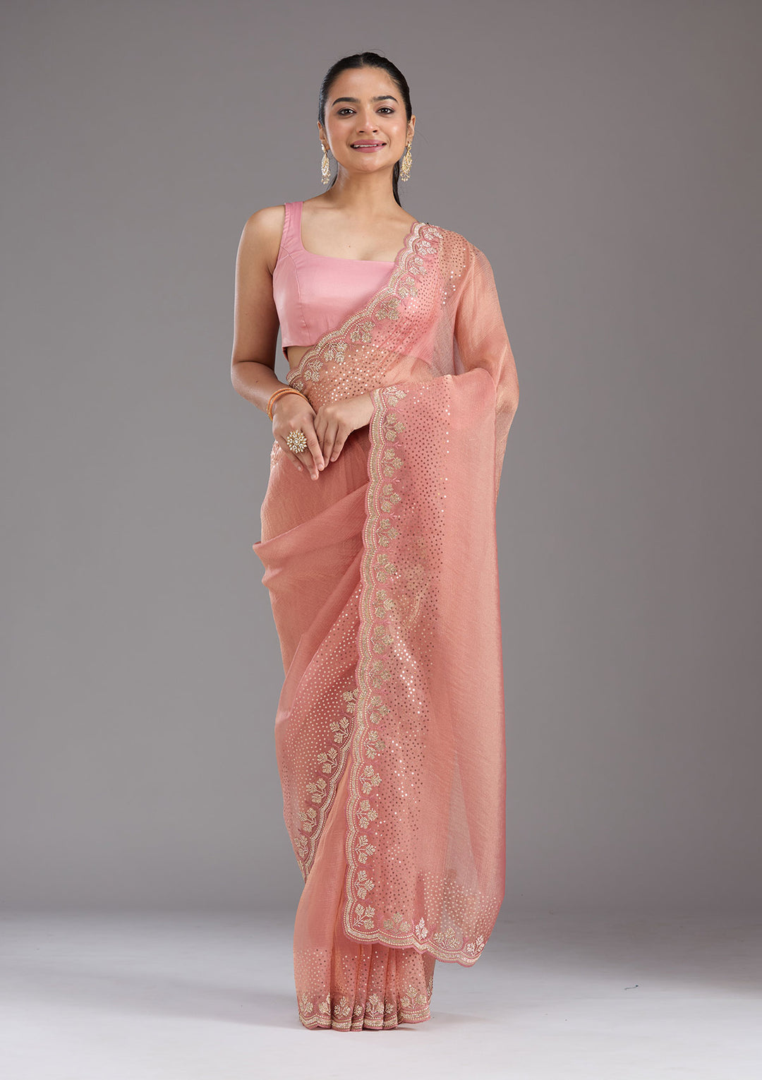 Peach Tissue Gold Stonework Saree With Matching Blouse Piece