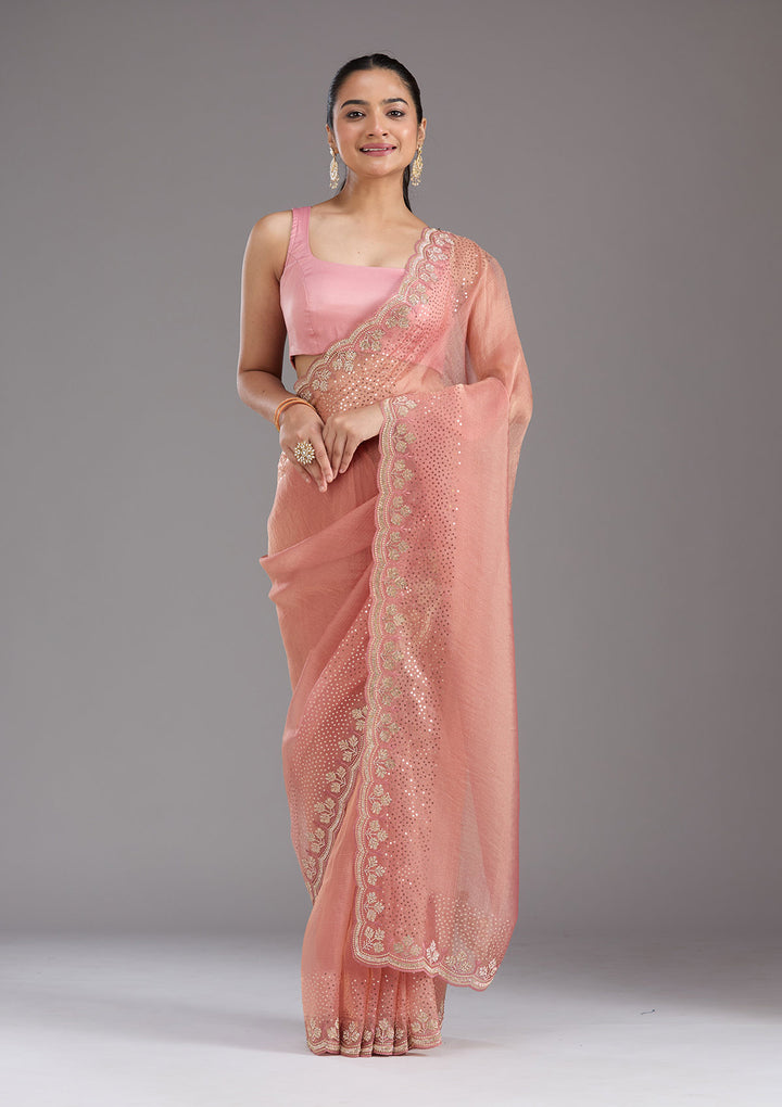Peach Tissue Gold Stonework Saree With Matching Blouse Piece